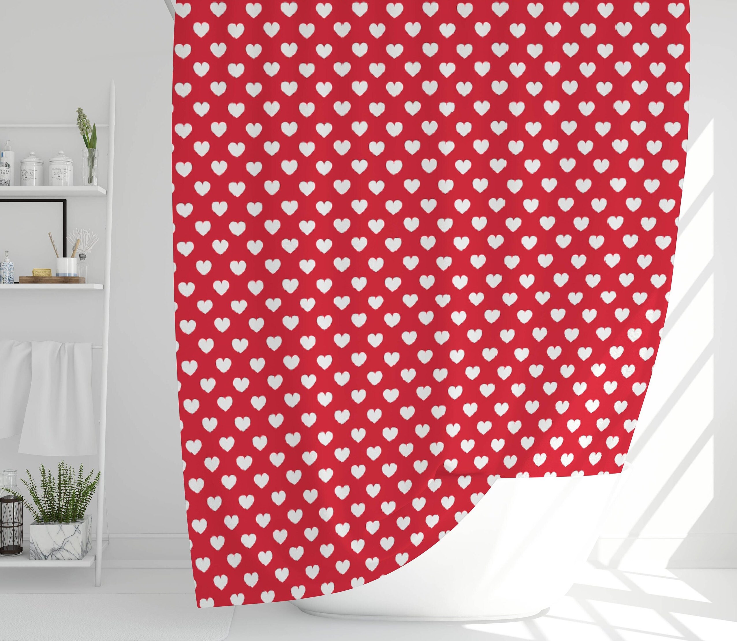Cute Valentine Red and White Hearts Shower Curtain for Home Decor Gift