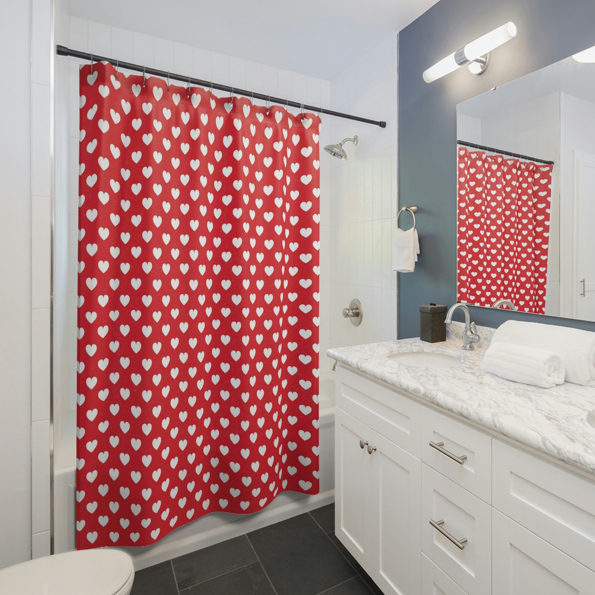 Cute Valentine Red and White Hearts Shower Curtain for Home Decor Gift