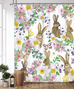 Cute Watercolor Bunny and Butterfly Shower Curtain for Girls Bathroom Decor