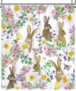 Cute Watercolor Bunny and Butterfly Shower Curtain for Girls Bathroom Decor