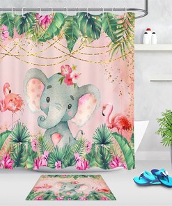 Cute Watercolor Elephant and Flamingo Shower Curtain with a Whimsical Touch for Your Bathroom 