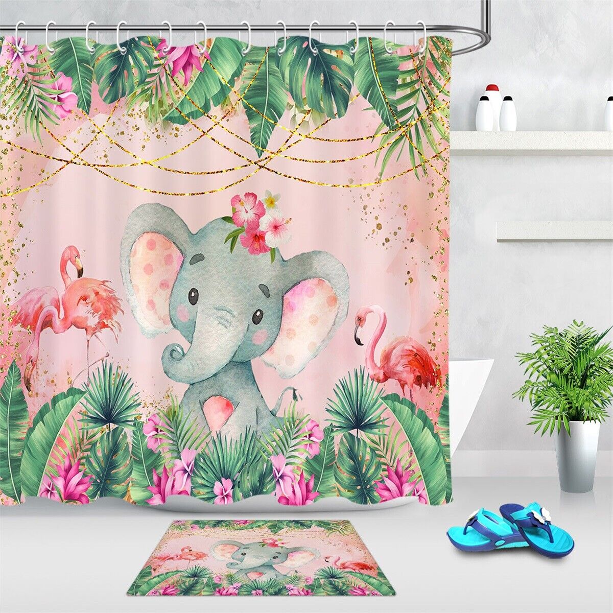 Cute Watercolor Elephant and Flamingo Shower Curtain with a Whimsical Touch for Your Bathroom