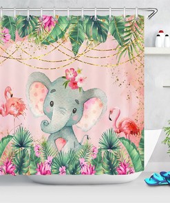 Cute Watercolor Elephant and Flamingo Shower Curtain with a Whimsical Touch for Your Bathroom