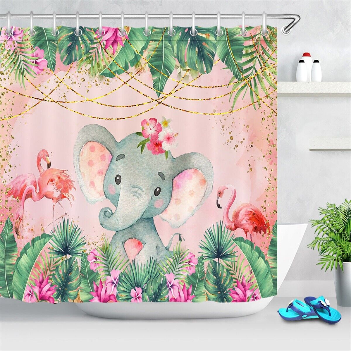 Cute Watercolor Elephant and Flamingo Shower Curtain with a Whimsical Touch for Your Bathroom