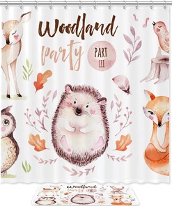 Cute Watercolor Fox, Owl, Deer, And Hedgehog Shower Curtain With Waterproof And Stylish Bathroom Curtain Design