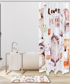 Cute Watercolor Fox, Owl, Deer, And Hedgehog Shower Curtain With Waterproof And Stylish Bathroom Curtain Design