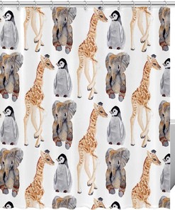 Cute Watercolor Giraffe Elephant Penguin Shower Curtain, Perfect for Kids' Bathrooms