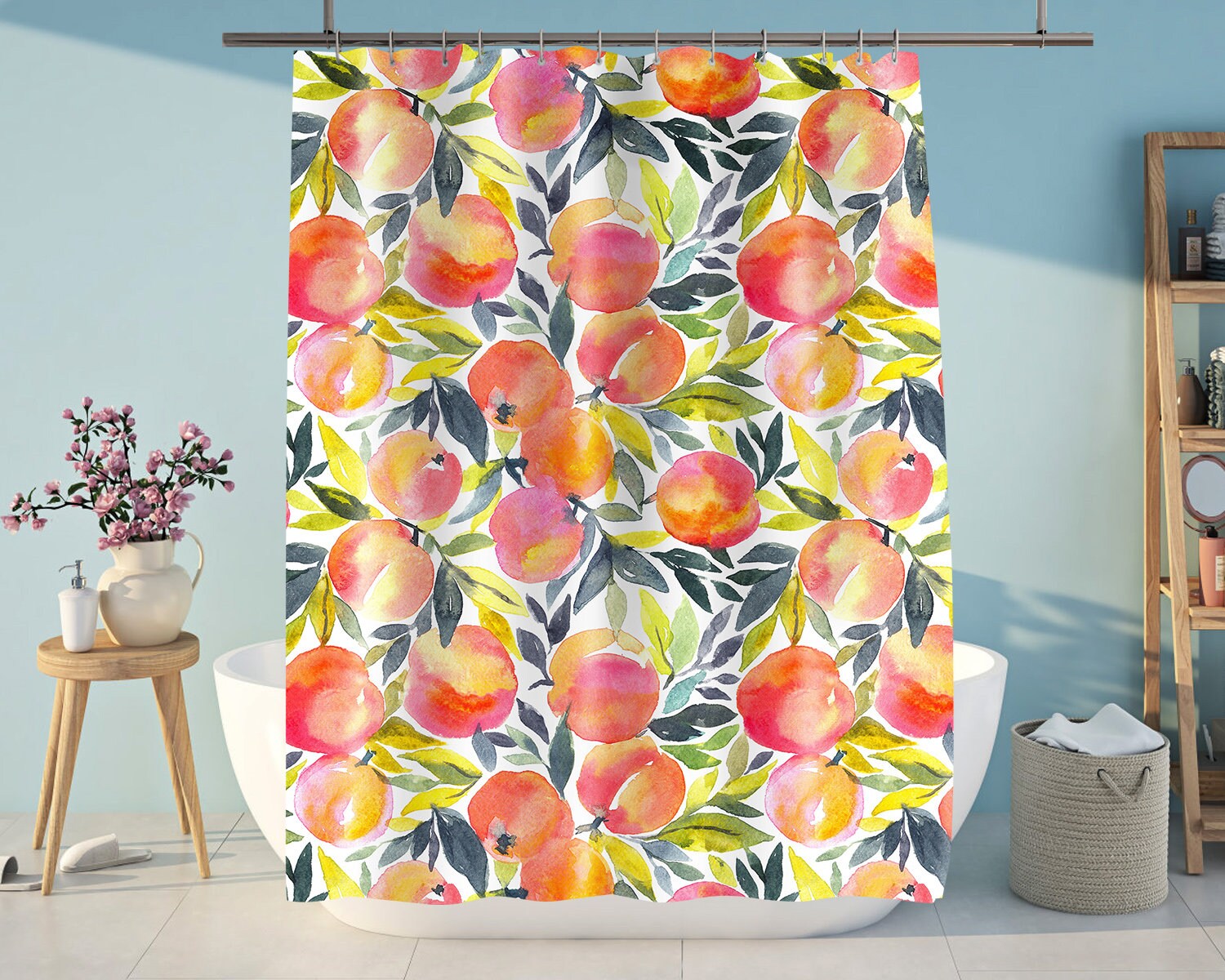 Cute Watercolor Peach Shower Curtain with Fruit Decor for a Modern Bathroom