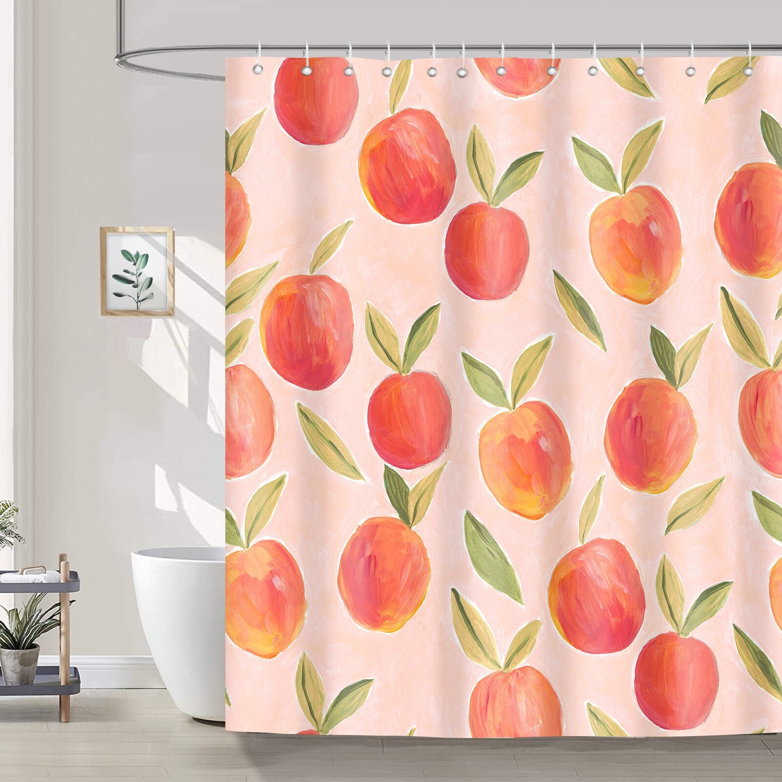 Cute Watercolor Peach Shower Curtain with Fruit Decor for a Modern Bathroom