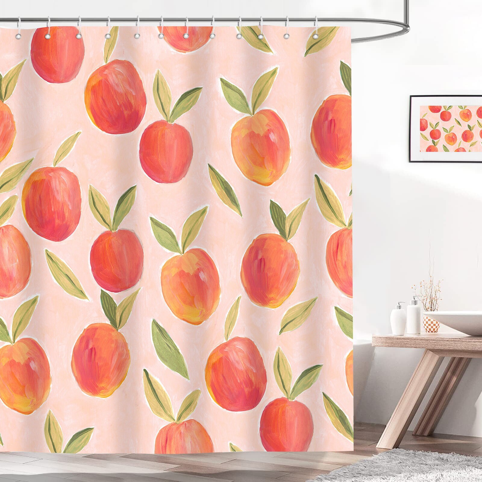 Cute Watercolor Peach Shower Curtain with Fruit Decor for a Modern Bathroom