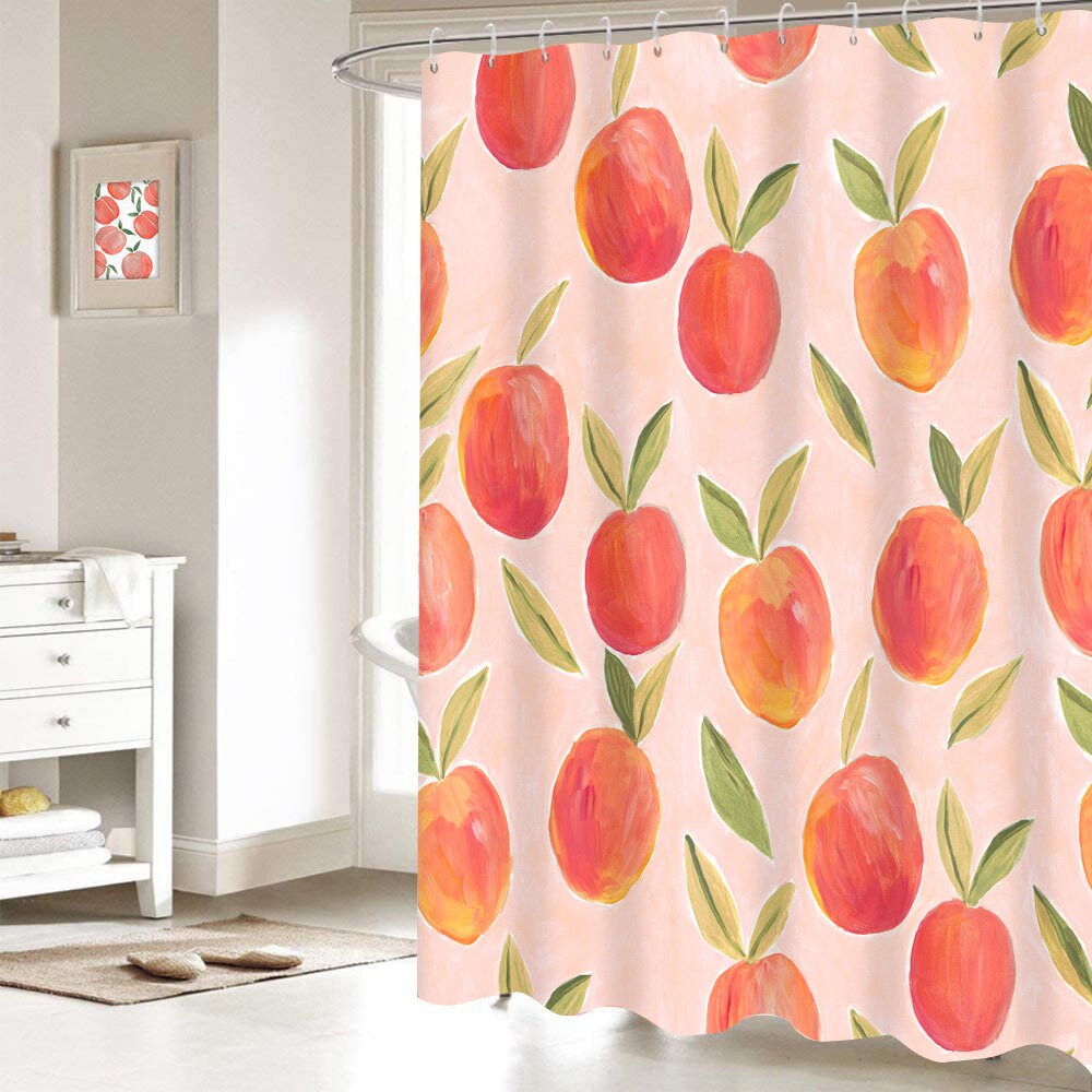 Cute Watercolor Peach Shower Curtain with Fruit Decor for a Modern Bathroom