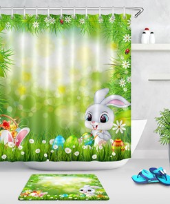Cute Watercolor Rabbit Easter Shower Curtain for Spring Bathroom 