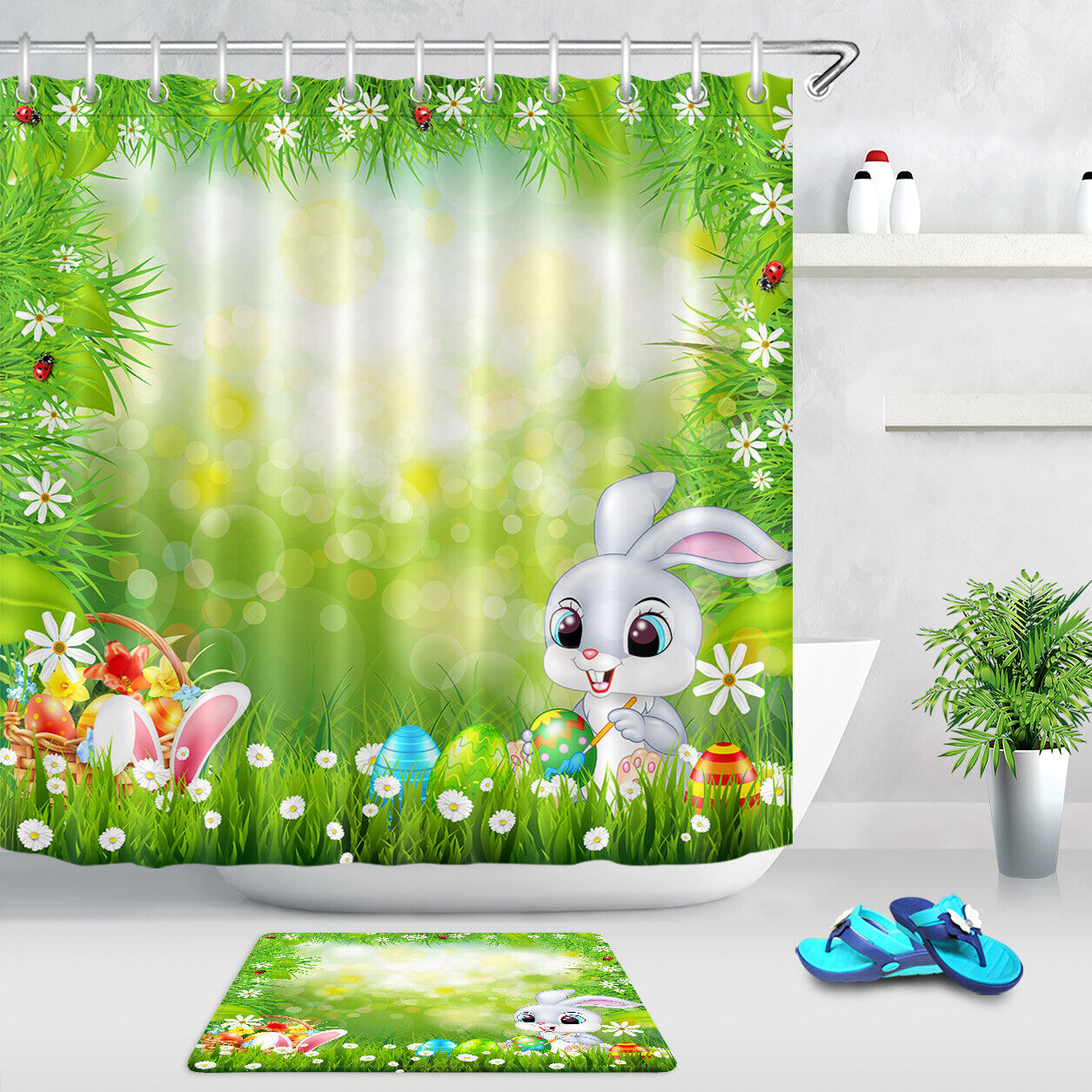 Cute Watercolor Rabbit Easter Shower Curtain for Spring Bathroom