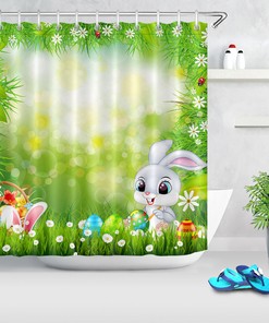 Cute Watercolor Rabbit Easter Shower Curtain for Spring Bathroom