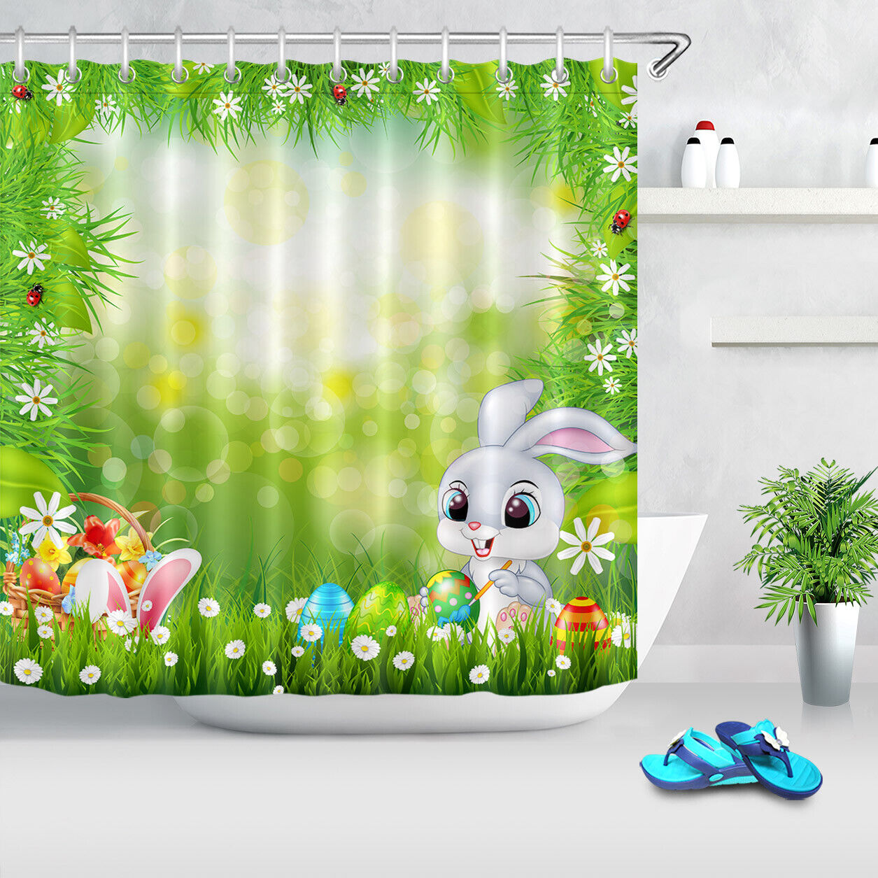 Cute Watercolor Rabbit Easter Shower Curtain for Spring Bathroom