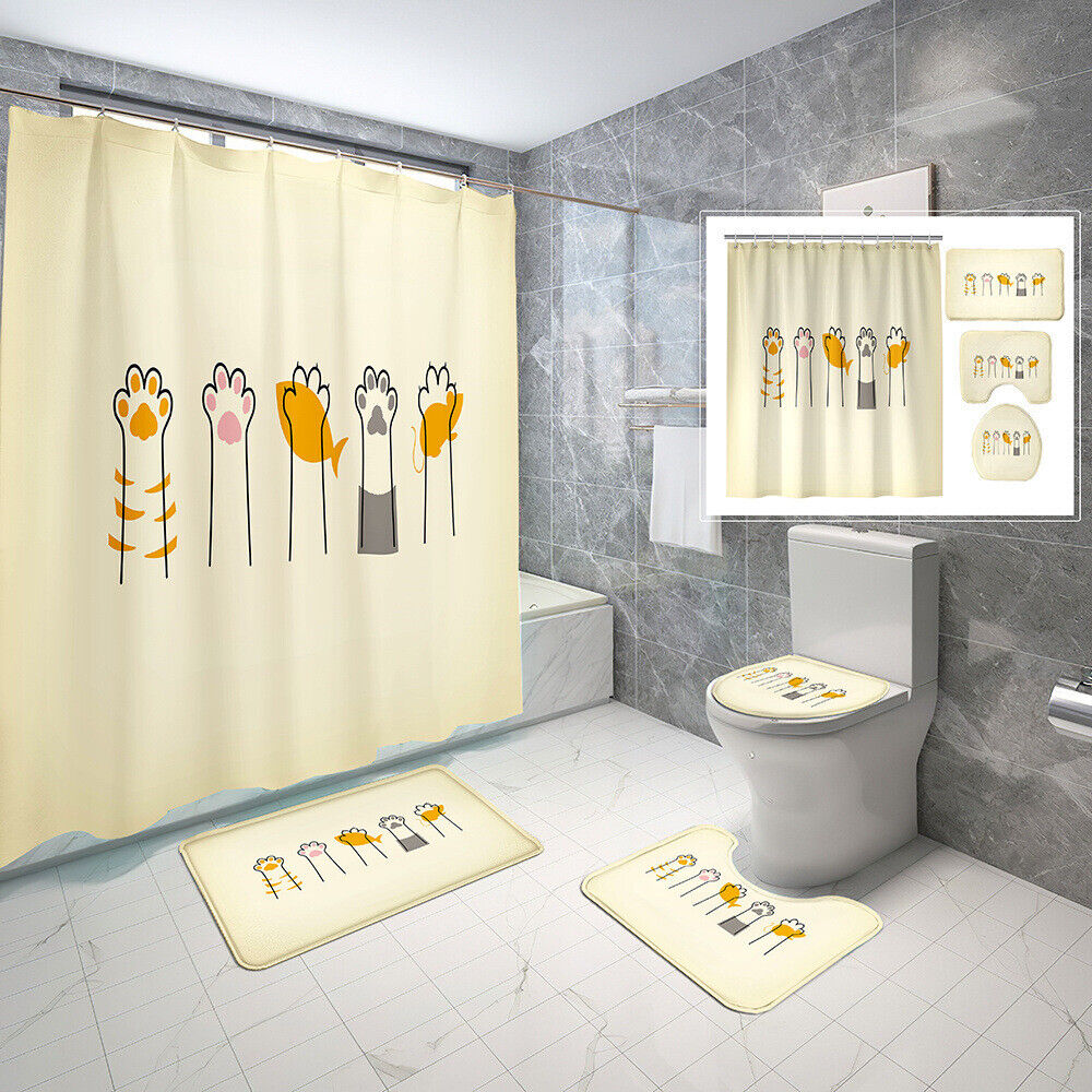 Cute Waterproof Shower Curtain With Kitties And Paw Prints For A Playful Bathroom