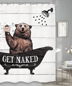 Cute Western Bear Shower Curtain with Grey Wooden Plank Board Prints