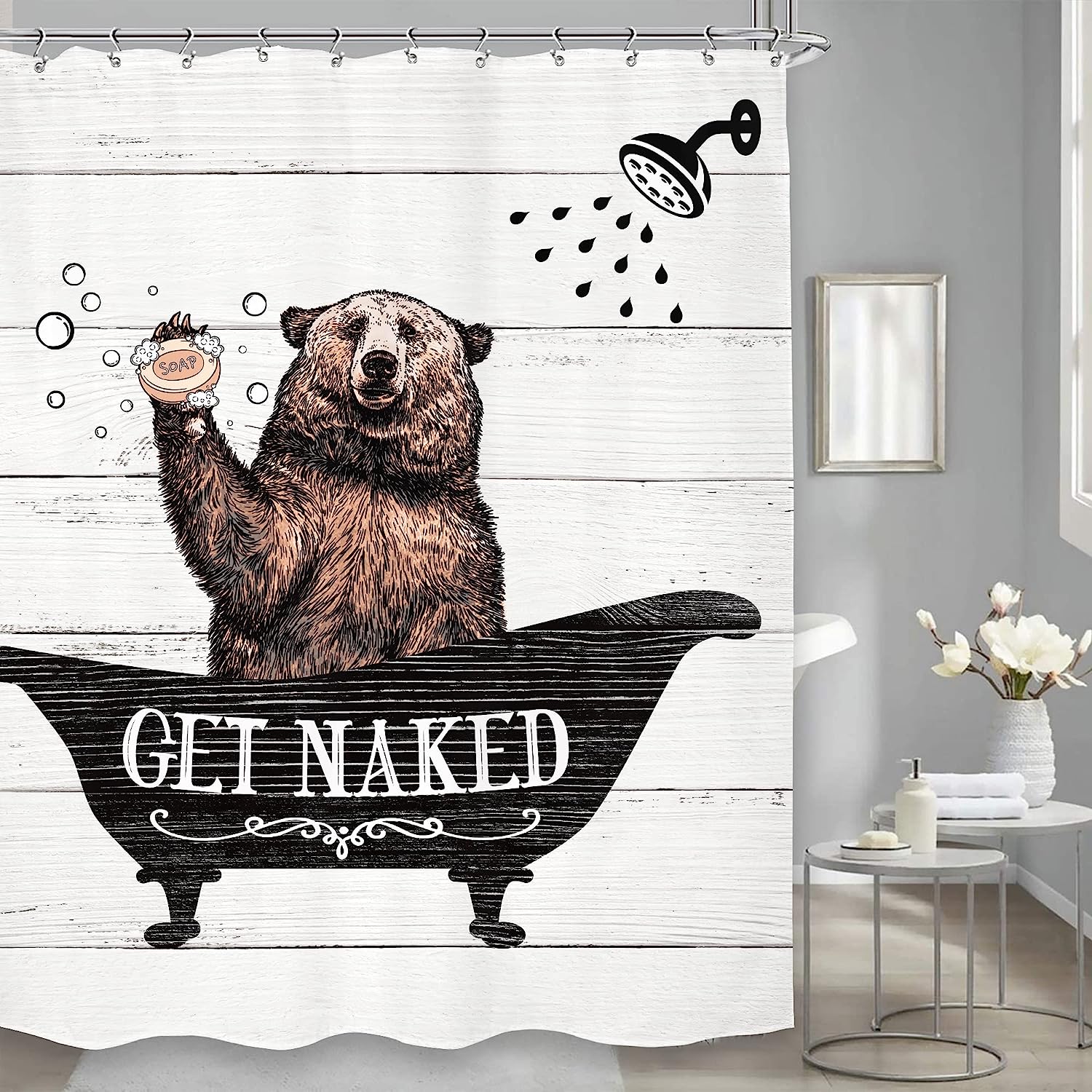 Cute Western Bear Shower Curtain with Grey Wooden Plank Board Prints