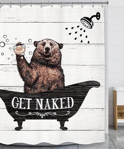 Cute Western Bear Shower Curtain with Grey Wooden Plank Board Prints