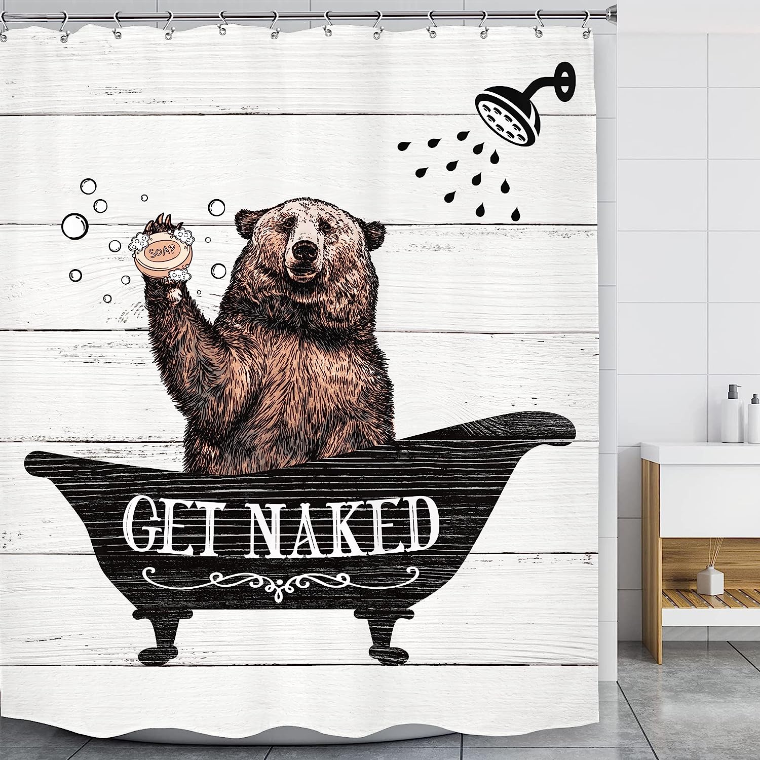 Cute Western Bear Shower Curtain with Grey Wooden Plank Board Prints