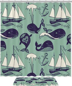 Cute Whale Print Shower Curtain Waterproof Bathroom Decor