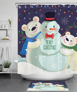 Cute White Bears And Snowman Christmas Shower Curtain - Snowflakes And Stars Bathroom Decor