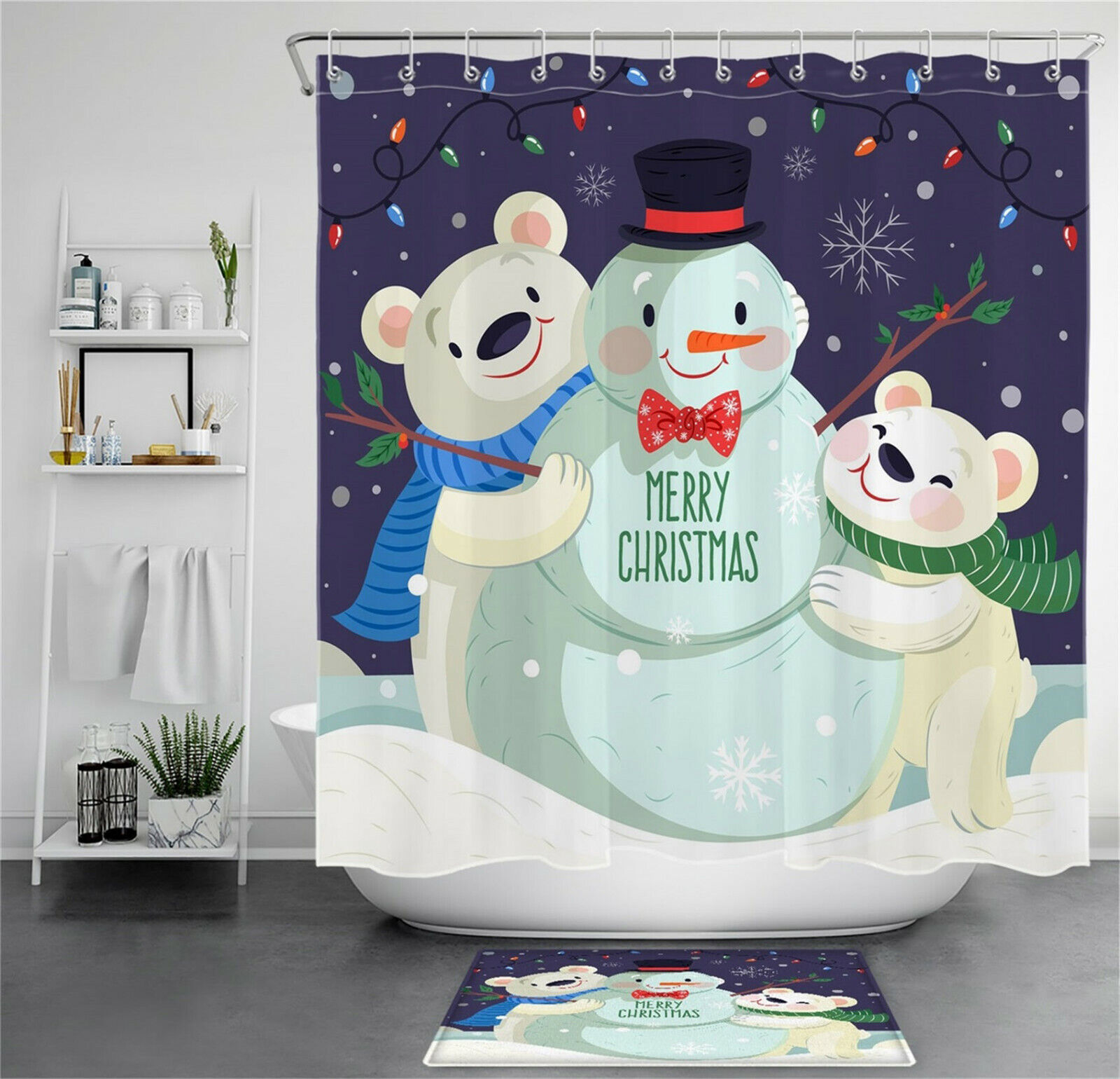 Cute White Bears And Snowman Christmas Shower Curtain - Snowflakes And Stars Bathroom Decor