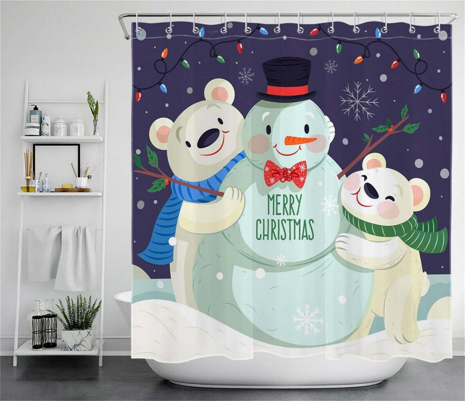 Cute White Bears And Snowman Christmas Shower Curtain - Snowflakes And Stars Bathroom Decor - Image 2