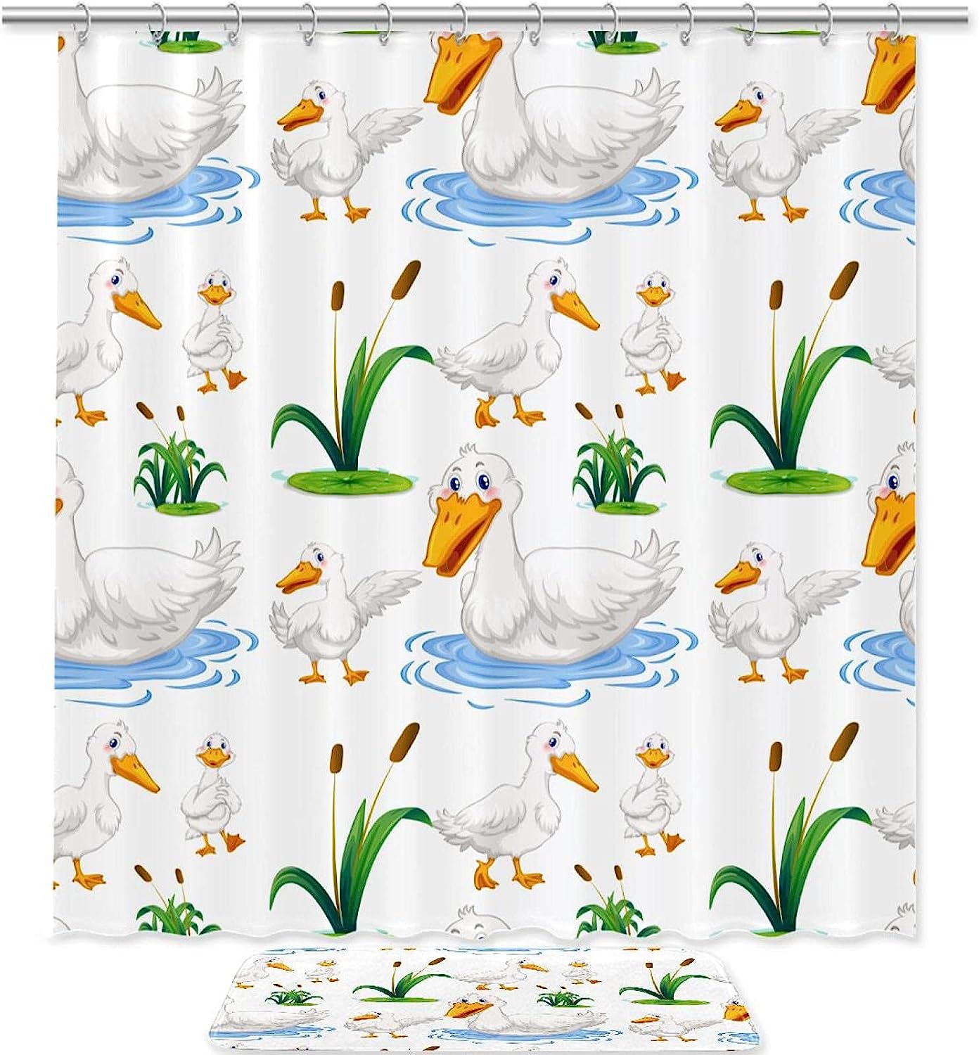 Cute White Duck Swimming In The Pond Shower Curtain - Waterproof And Stylish