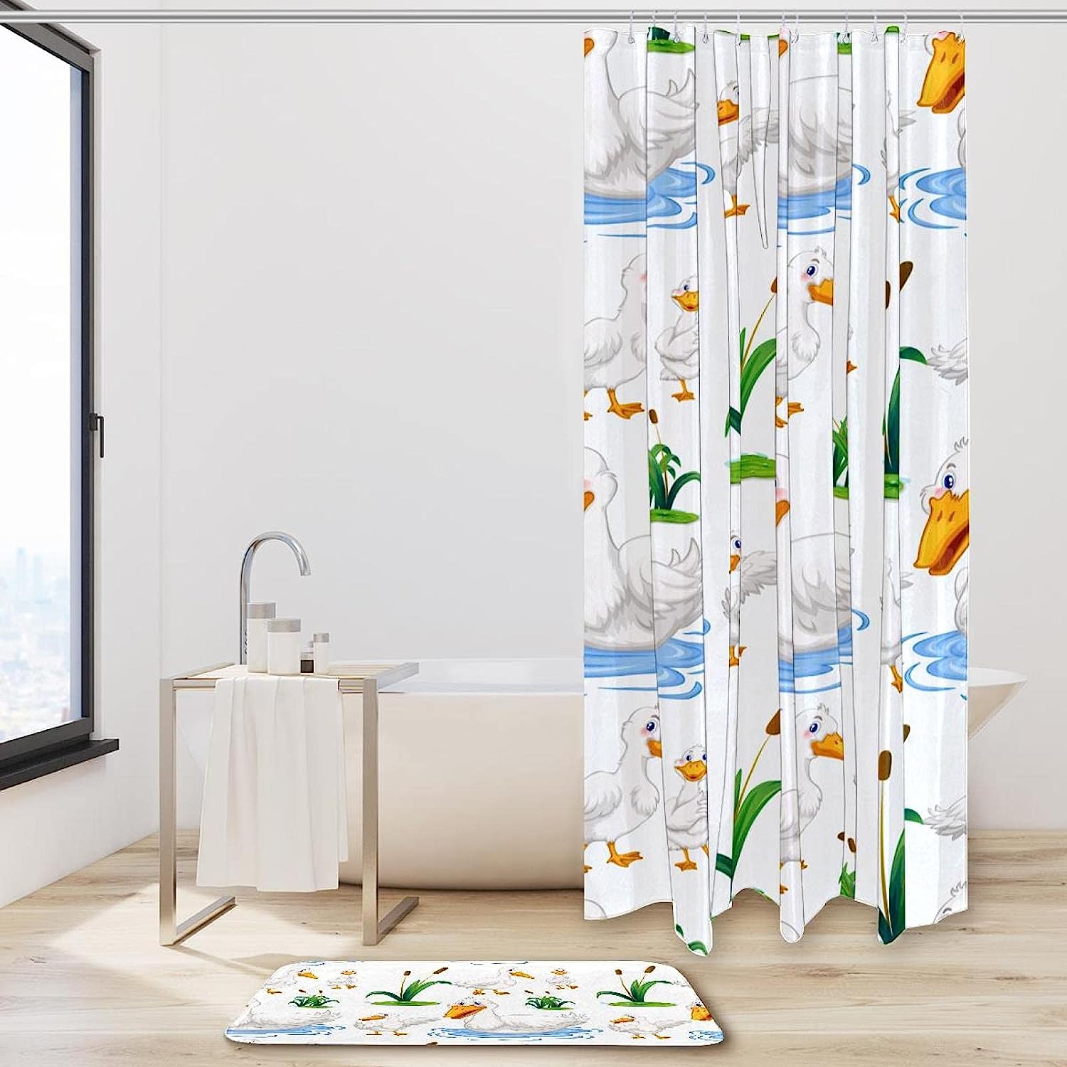 Cute White Duck Swimming In The Pond Shower Curtain - Waterproof And Stylish - Image 2
