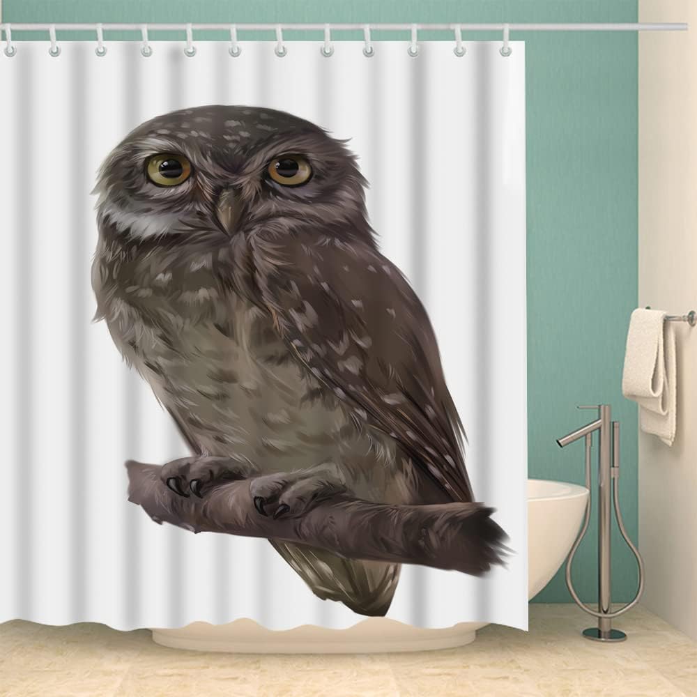 Cute White Owl Animal Shower Curtain for Bathroom with Brown Owl Print