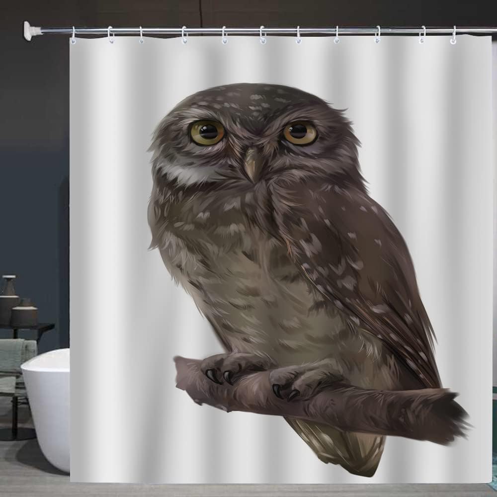 Cute White Owl Animal Shower Curtain for Bathroom with Brown Owl Print