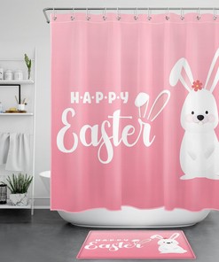 Cute White Rabbit On Pink Vintage Bathroom Shower Curtains Print Shower Accessories Set