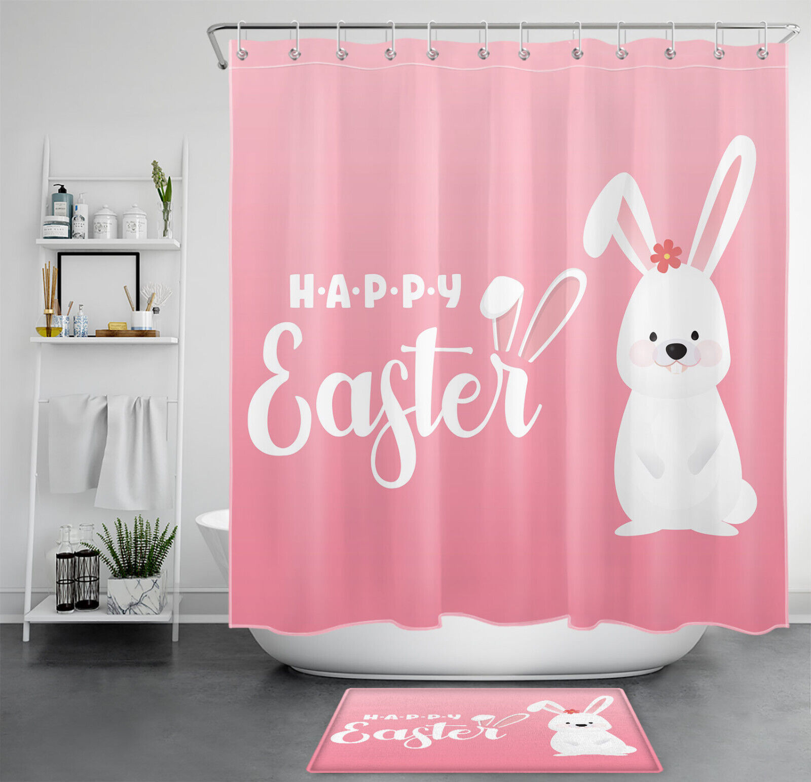 Cute White Rabbit On Pink Vintage Bathroom Shower Curtains Print Shower Accessories Set