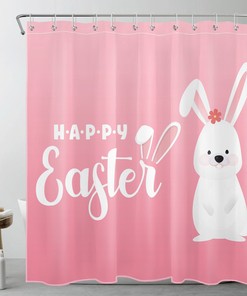 Cute White Rabbit On Pink Vintage Bathroom Shower Curtains Print Shower Accessories Set