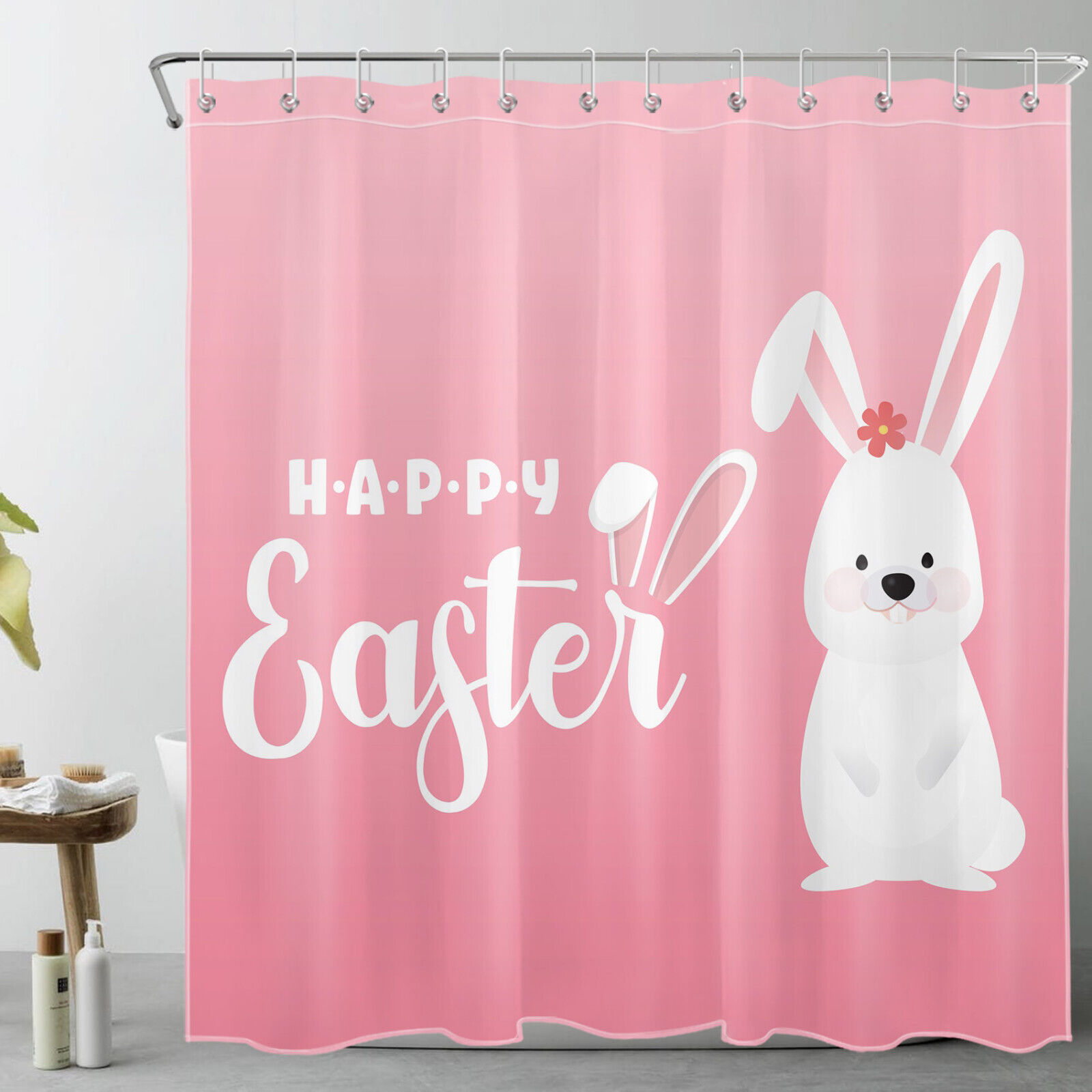Cute White Rabbit On Pink Vintage Bathroom Shower Curtains Print Shower Accessories Set
