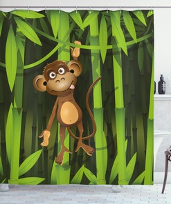 Cute Wild Monkey Print Shower Curtain In Green And Brown For Bathroom Decor