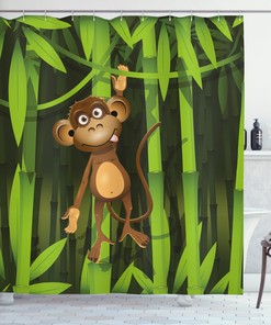 Cute Wild Monkey Print Shower Curtain In Green And Brown For Bathroom Decor