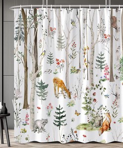 Cute Wildlife And Nature Shower Curtain With Rustic Cabin Design - Forest Animal Cabin Rustic Deer