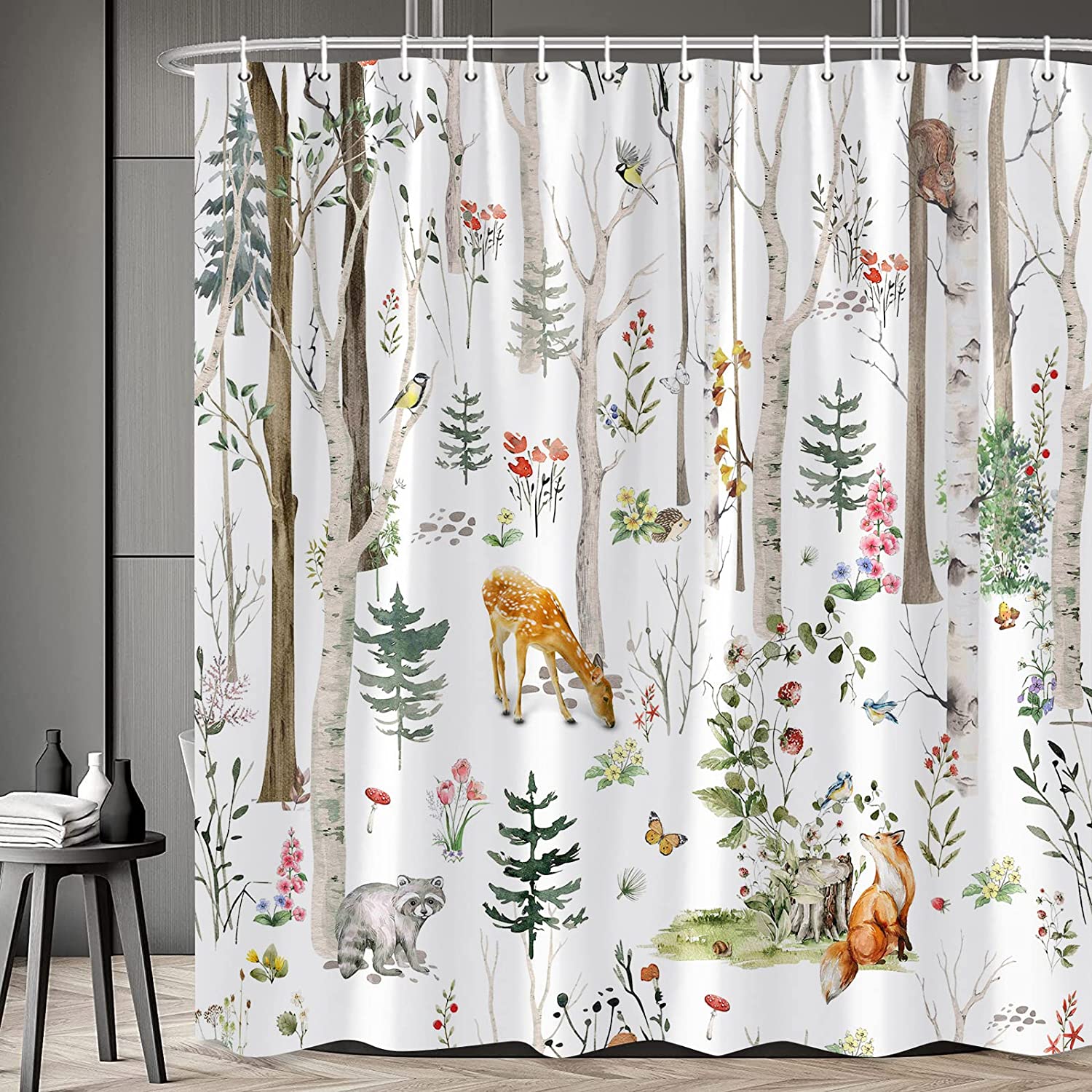 Cute Wildlife And Nature Shower Curtain With Rustic Cabin Design - Forest Animal Cabin Rustic Deer
