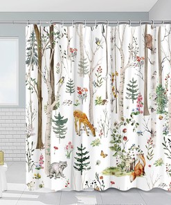 Cute Wildlife And Nature Shower Curtain With Rustic Cabin Design - Forest Animal Cabin Rustic Deer