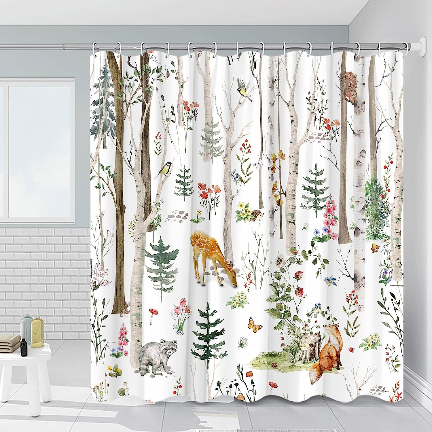 Cute Wildlife And Nature Shower Curtain With Rustic Cabin Design - Forest Animal Cabin Rustic Deer