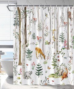 Cute Wildlife And Nature Shower Curtain With Rustic Cabin Design - Forest Animal Cabin Rustic Deer