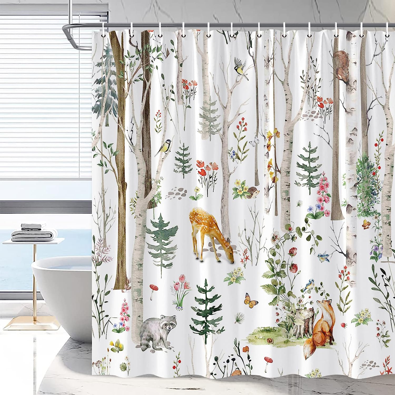 Cute Wildlife And Nature Shower Curtain With Rustic Cabin Design - Forest Animal Cabin Rustic Deer