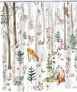 Cute Wildlife And Nature Shower Curtain With Rustic Cabin Design - Forest Animal Cabin Rustic Deer