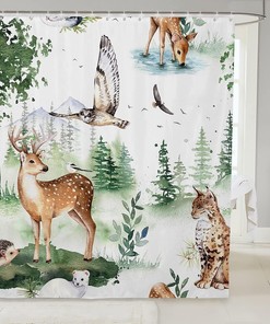 Cute Wildlife Shower Curtain for Kids Bathroom, Deer Owl Hedgehog Ermine Design and Waterproof