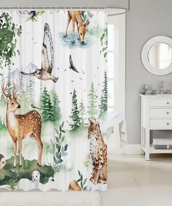 Cute Wildlife Shower Curtain for Kids Bathroom, Deer Owl Hedgehog Ermine Design and Waterproof
