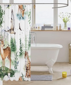 Cute Wildlife Shower Curtain for Kids Bathroom, Deer Owl Hedgehog Ermine Design and Waterproof