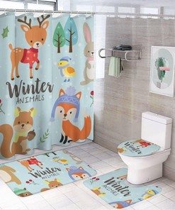 Cute Winter Animals Bear Deer Rabbit Shower Curtain for Bathroom - Winter Snowy Shower Curtains Decor