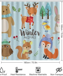 Cute Winter Animals Bear Deer Rabbit Shower Curtain for Bathroom - Winter Snowy Shower Curtains Decor